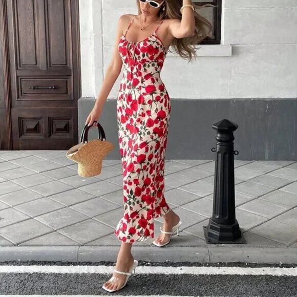 Red Boho Women's Elegant Floral Rose Print Sleeveless Dress - Picture 1 of 5